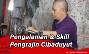 Pengrajin sepatu sedang melakukan proses menjahit upper sepatu di salah satu workshop di sentra industri Cibaduyut Bandung.